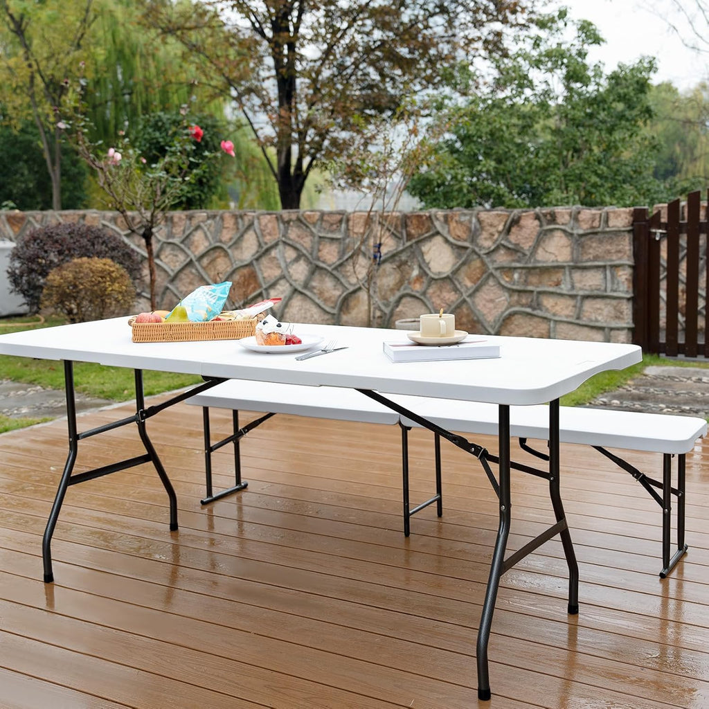 Folding Table 6FT HDPE 6 Foot Foldable Table Portable Banquet Surface Fold-in-Half Desk Utility for Working Meeting Parties, Picnic, Camping, Weddings, Catering, Garden Dining-White
