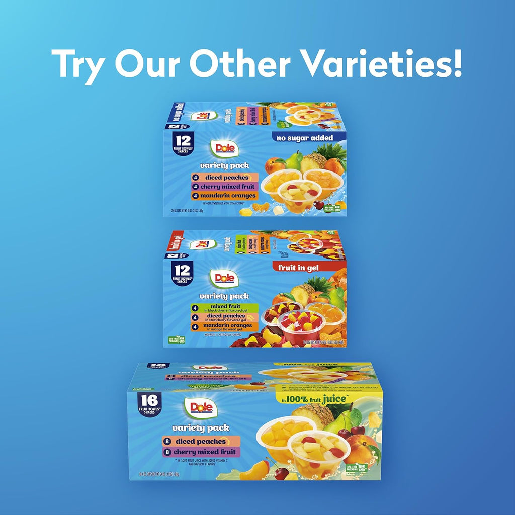 Dole Diced Peaches, Mandarin Oranges, and Cherry Mixed Fruit with No Sugar Added Variety Pack - Dole Fruit Bowls Snacks - 4 oz Bowls - 12 Pack