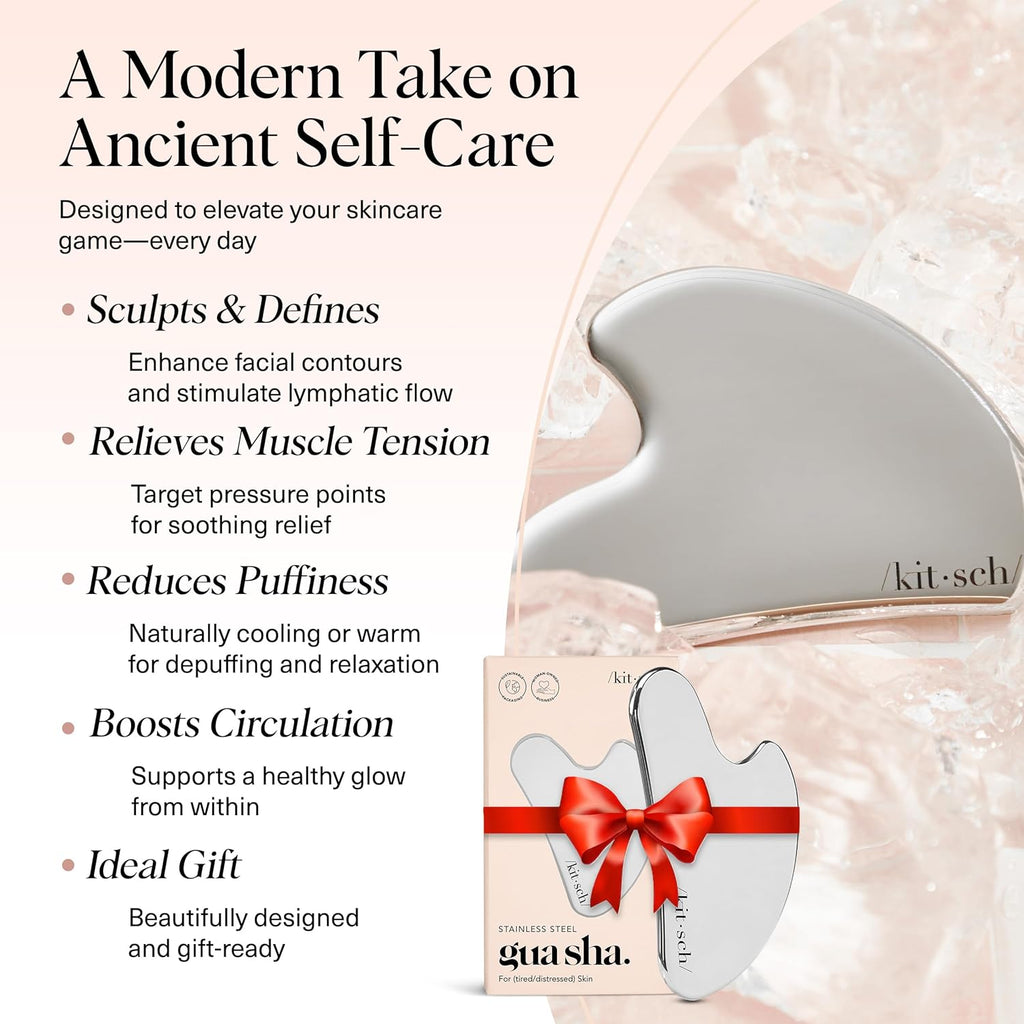 Kitsch Stainless Steel Gua Sha Facial Tools - Lymphatic Drainage Massager for Face & Chin, Jawline Shaper, Double Chin Reducer, Guasha Tool for Face Massager, Skin Care Tools Gifts for Women - Silver