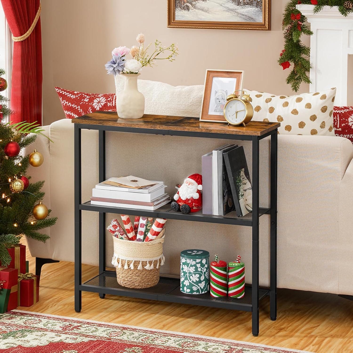 HOOBRO 29.5" Narrow Console Table, 3-Tier Entryway Table, Thin Sofa Table with Shelves, Side Table, Display Table, for Hallway, Entrance, Living Room, Bedroom, Rustic Brown and Black BF73XG01