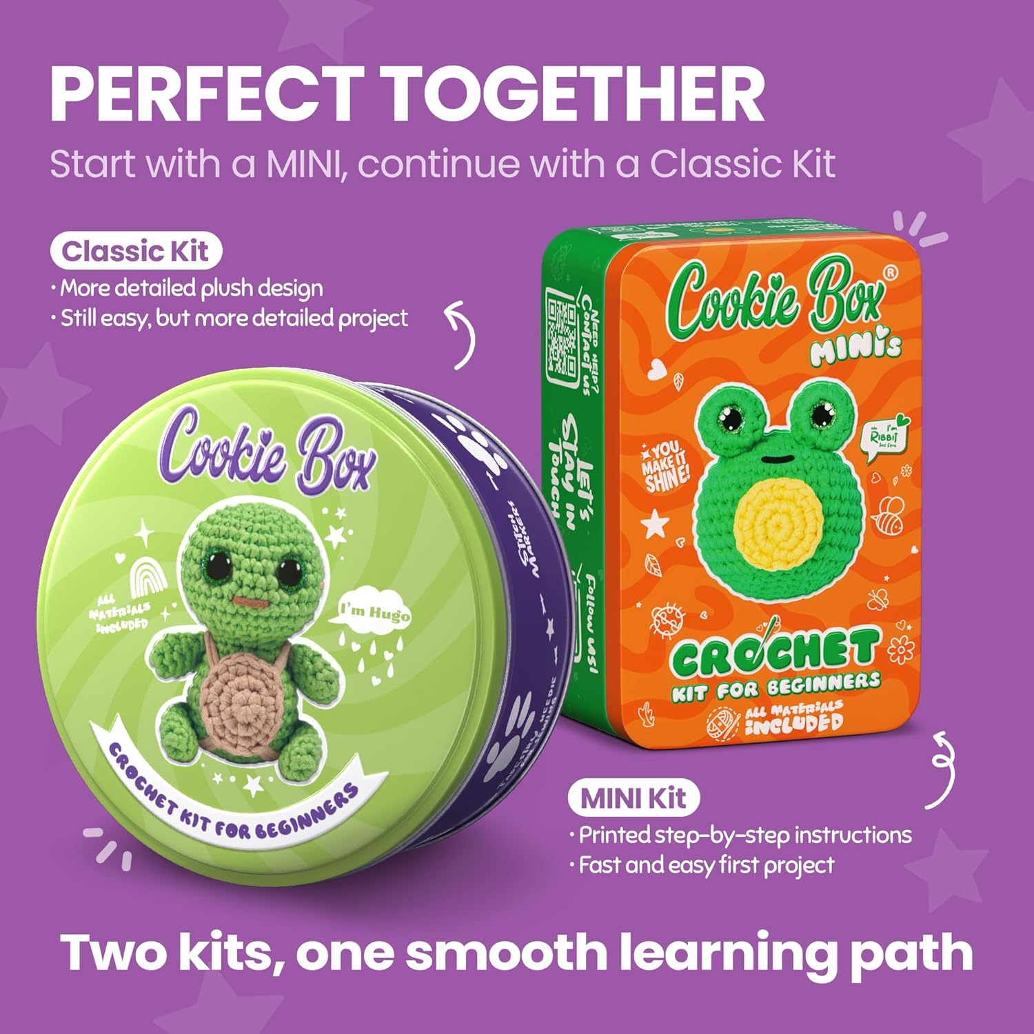 Cookie Box Crochet Kit for Beginners – Gift Set to Make Turtle Hugo Amigurumi Plushie – Easy DIY Crochet & Knitting Starter Kit with Video and PDF Tutorials