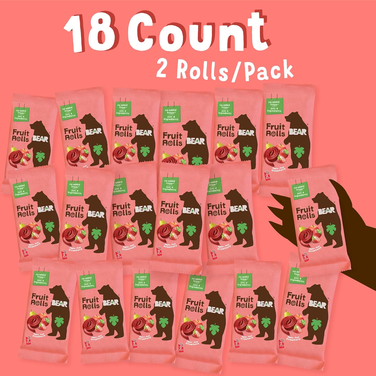 BEAR Real Fruit Snack Rolls - Gluten Free, Vegan, and Non-GMO - Strawberry – 36 Rolls, Healthy School And Lunch Snacks For Kids And Adults, 0.7 Ounce (Pack of 18)