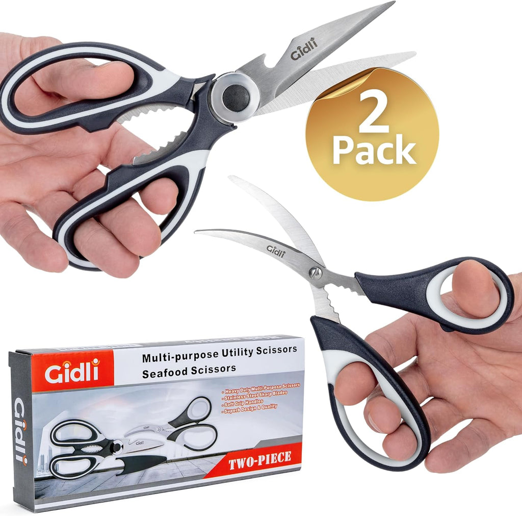 Kitchen Shears by Gidli - Liftime Replacement Warranty* - Includes Seafood Scissors As a Bonus - Heavy Duty Utility Stainless Steel All Purpose Ultra Sharp Scissors for Food/Cooking
