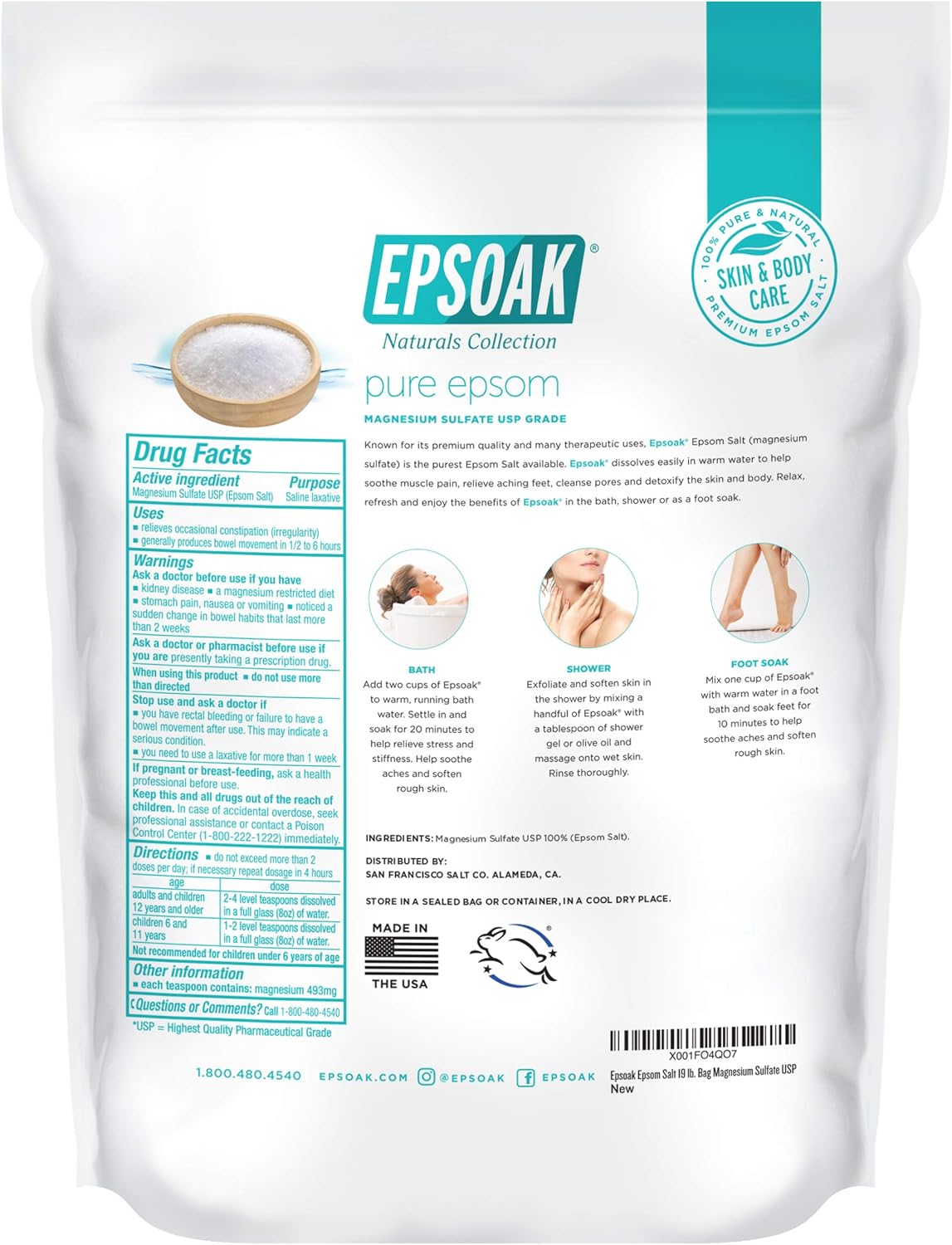 Epsoak Epsom Salt 19 lb. Magnesium Sulfate USP, Resealable Epsom Salt Bulk Bags Unscented, Made in The USA, Cruelty-Free Certified