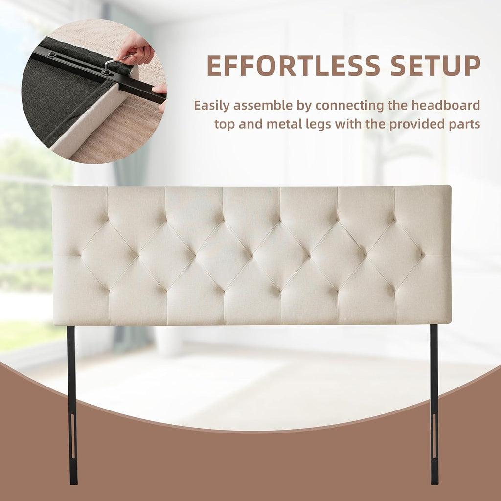 Linen Fabric Upholstered Headboard Queen Size, Modern Diamond Tufting Solid Wood Queen Headboard Only, Adjustable Height from 37” to 51” Head Board, Bed Frame or Wall Mount Headboards, Beige
