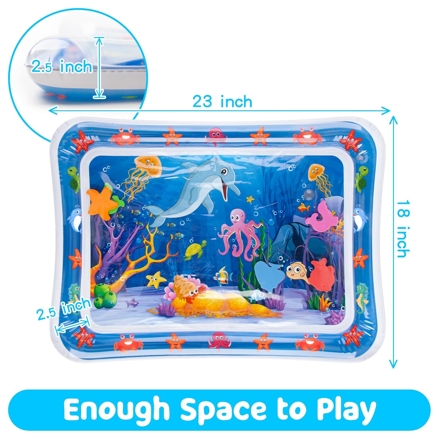 Inflatable water mat with underwater scene and measurements, featuring dolphins and sea creatures.