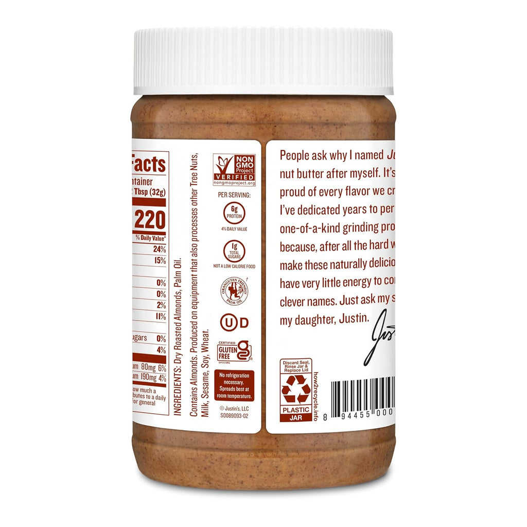 Justin's Classic Almond Butter, Only Two Ingredients, No Stir, Gluten-free, Non-GMO, Keto-friendly, Responsibly Sourced, 16 Ounce Jar, Pack of 1