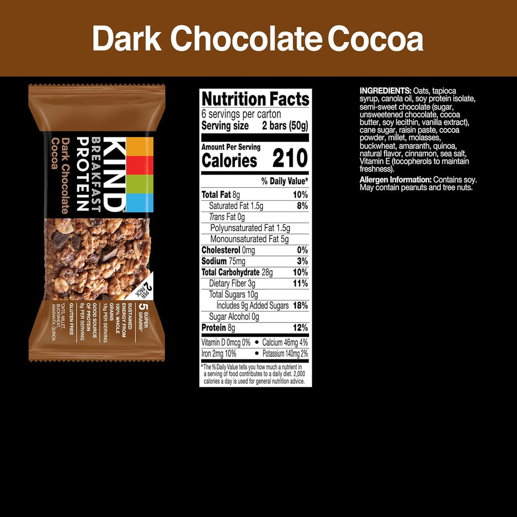 KIND Breakfast Protein Bars, Dark Chocolate Cocoa, Healthy Snacks, Gluten Free, 8g Protein, 6 Count