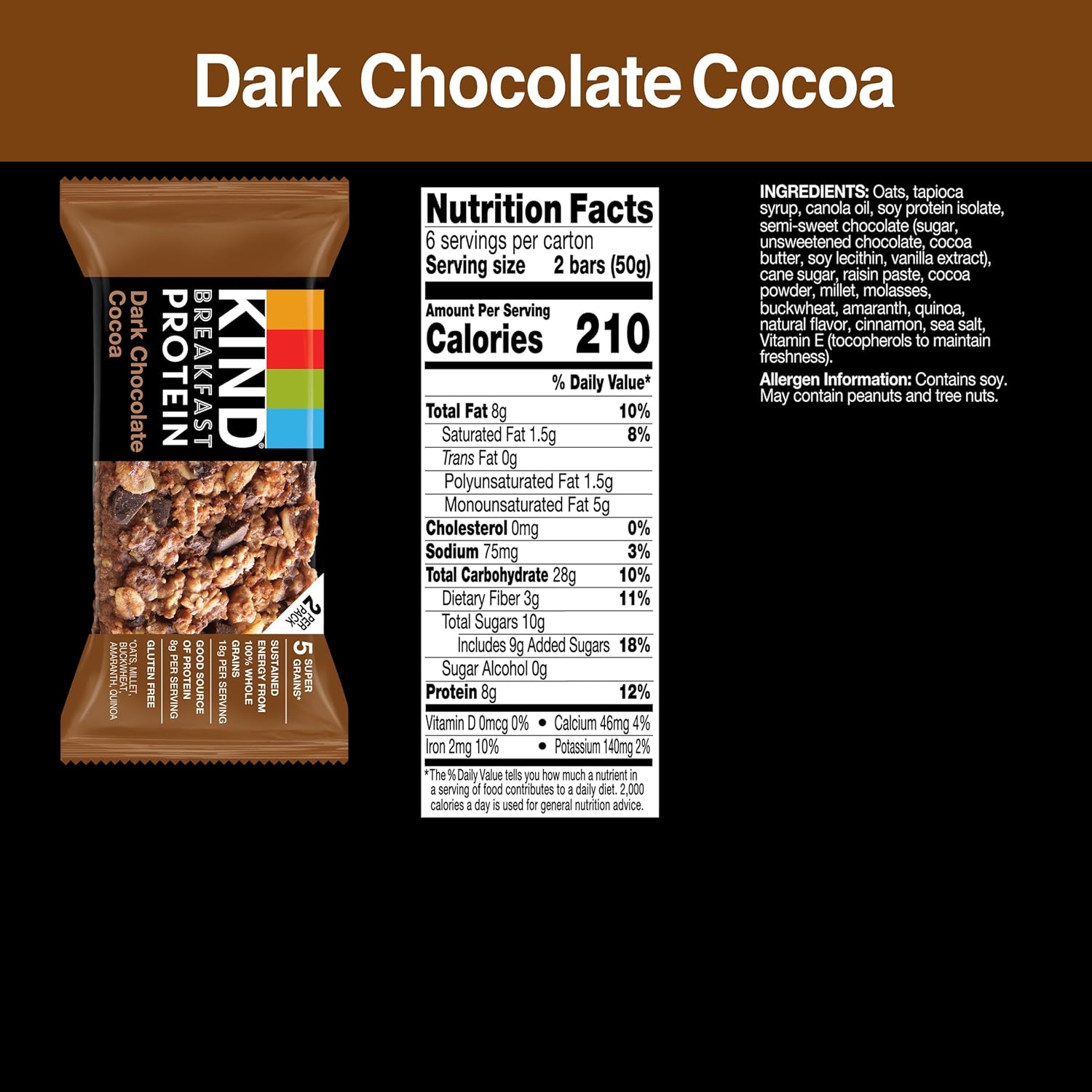 KIND Breakfast Protein Bars, Dark Chocolate Cocoa, Healthy Snacks, Gluten Free, 8g Protein, 6 Count