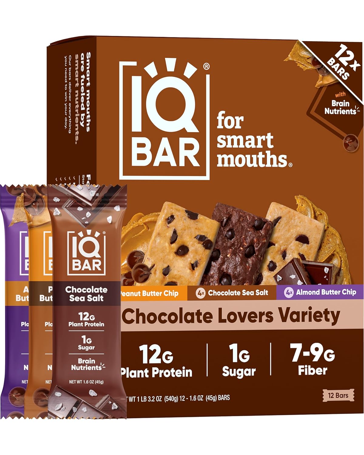 IQBAR Brain and Body Plant Protein Bars - Chocolate Lovers Variety - 12-Count - Keto, Vegan, High Fiber, Gluten Free, Dairy Free, Low Sugar Snack with Nutrients for Focus, Energy, Meal Replacement