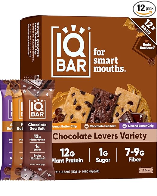 IQBAR Clean Plant Protein Bars - Chocolate Lovers Variety - 12 Count - Keto, Vegan, High Fiber, Gluten and Dairy Free, Low Sugar Snack - Brain and Body Nutrients for Focus, Energy, Meal Replacement