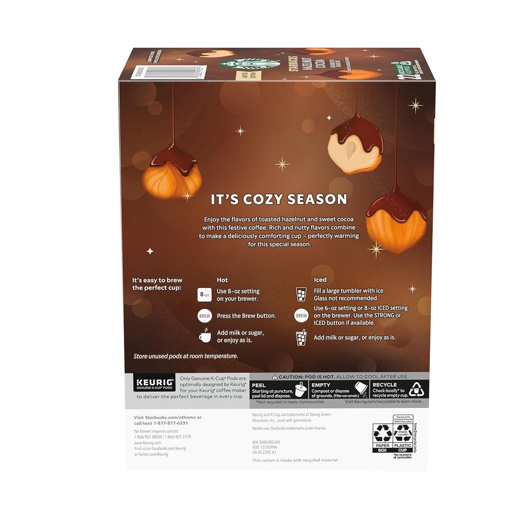 Starbucks K-Cup Coffee Pods, Hazelnut Cocoa Flavored Coffee for Keurig Brewers, 100% Arabica, Holiday, 1 Box (22 Pods)