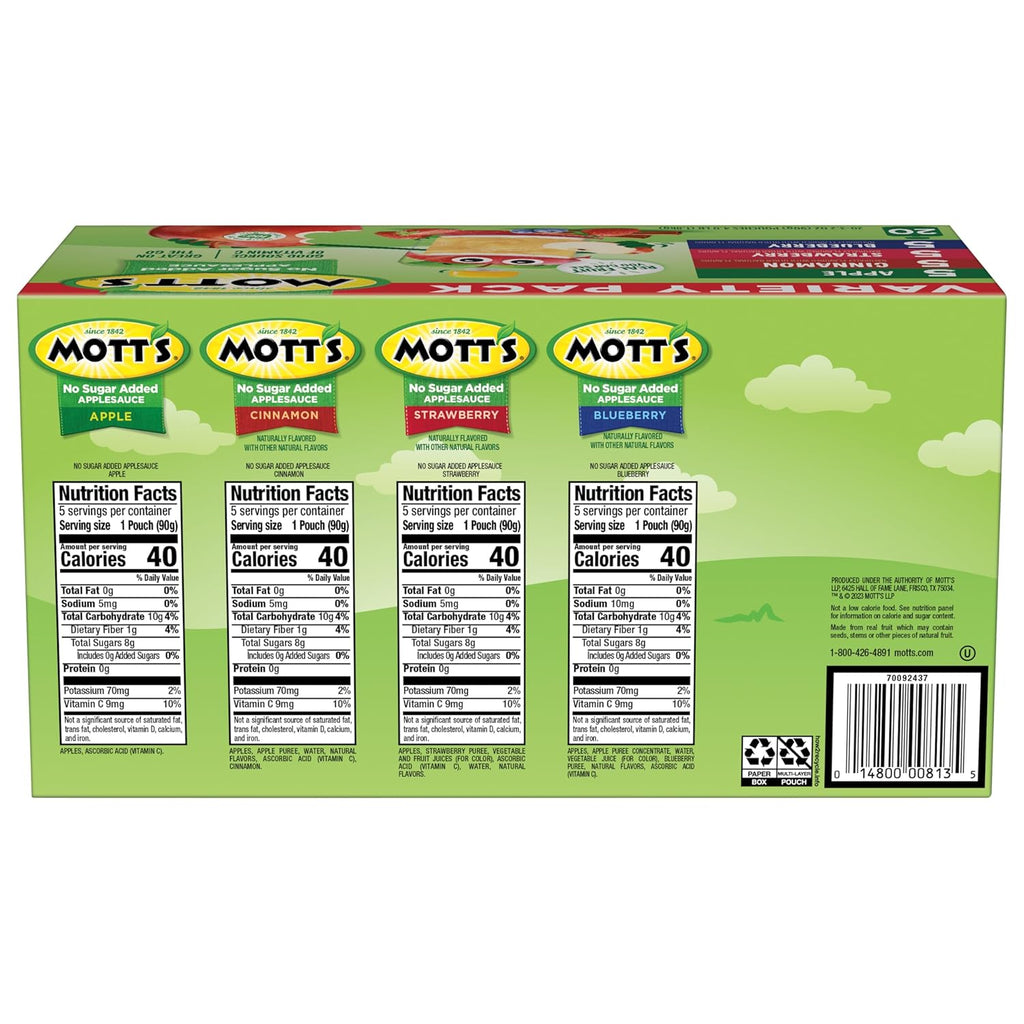 Mott's No Sugar Added Applesauce Variety Pack, 4 Flavors – Apple, Strawberry, Cinnamon & Blueberry, Made from Real Fruit, No Artificial Flavors, 3.2 Clear Pouches, 20 Pack