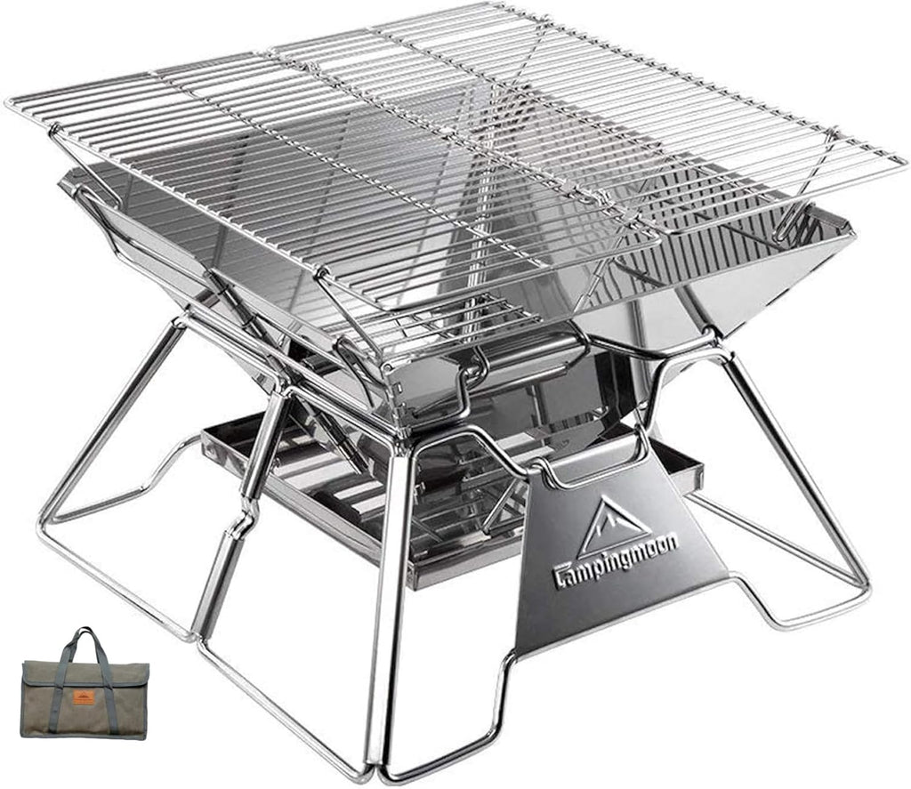 CAMPINGMOON Portable Stainless Steel Campfire Fire Pit Foldable Wood Burning Charcoal Grill for Camping Stove, Outdoor Cooking, Folding BBQ Grill 14-inch with Carry Bag MT-2