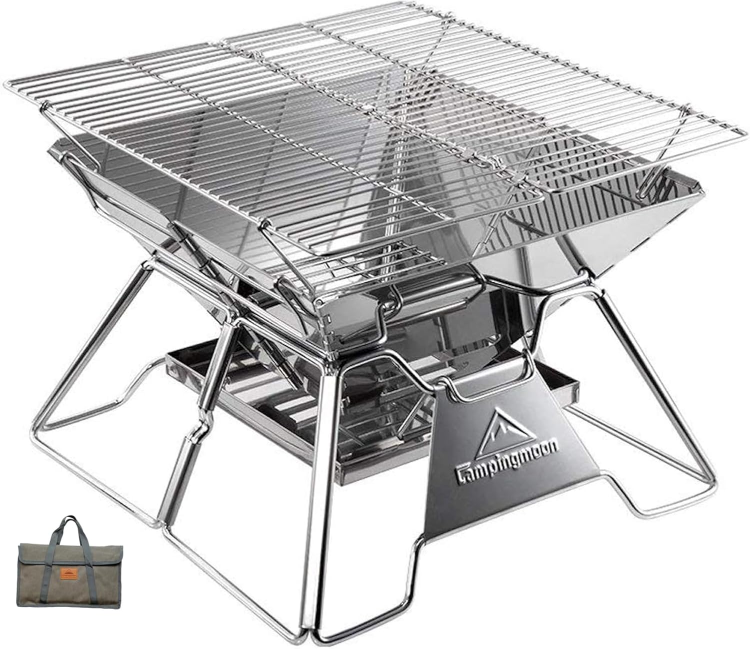CAMPINGMOON Portable Stainless Steel Campfire Fire Pit Foldable Wood Burning Charcoal Grill for Camping Stove, Outdoor Cooking, Folding BBQ Grill 14-inch with Carry Bag MT-2