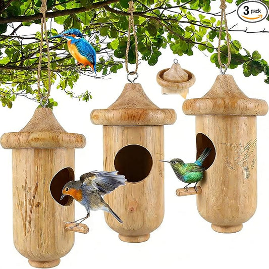 Hummingbird House for Outside Hanging, Small Wooden Hummingbird Gifts Nest 3 Pack with Hemp Ropes, Gardening Gifts Humming Bird Houses Home Decoration