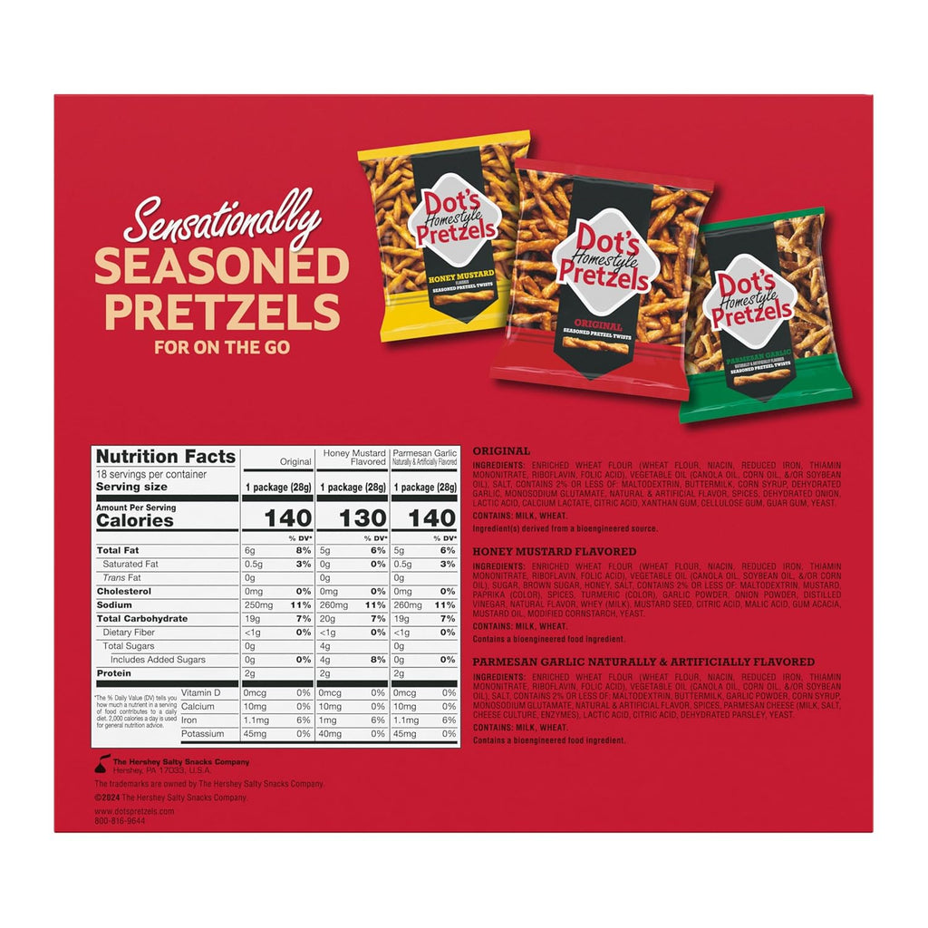 Dot's Homestyle Pretzels Variety Pack, Original, Honey Mustard, and Parmesan Garlic Twist Snack, 1oz Individually Sized Bags (18 Count)