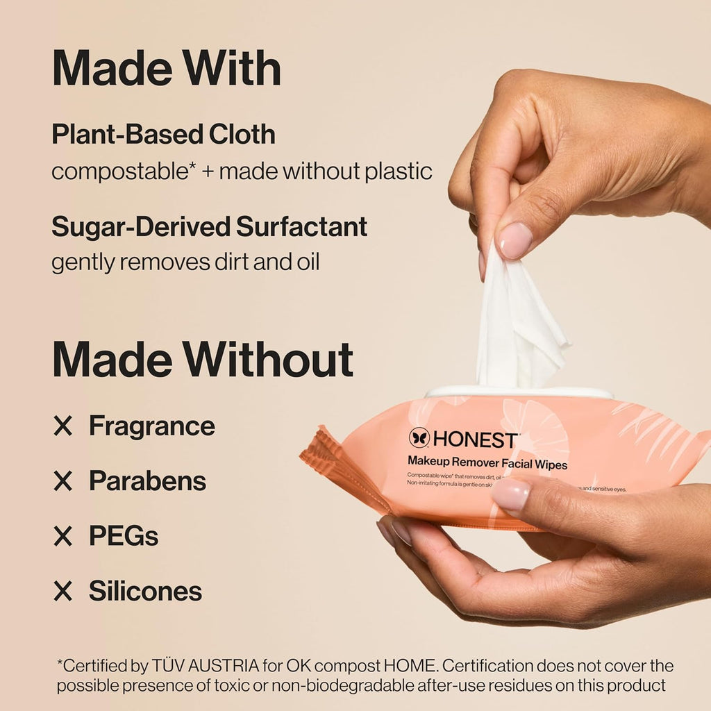 Honest Beauty Fragrance-Free Makeup Remover Wipes | Hypoallergenic, Plant-Based, 30 Count