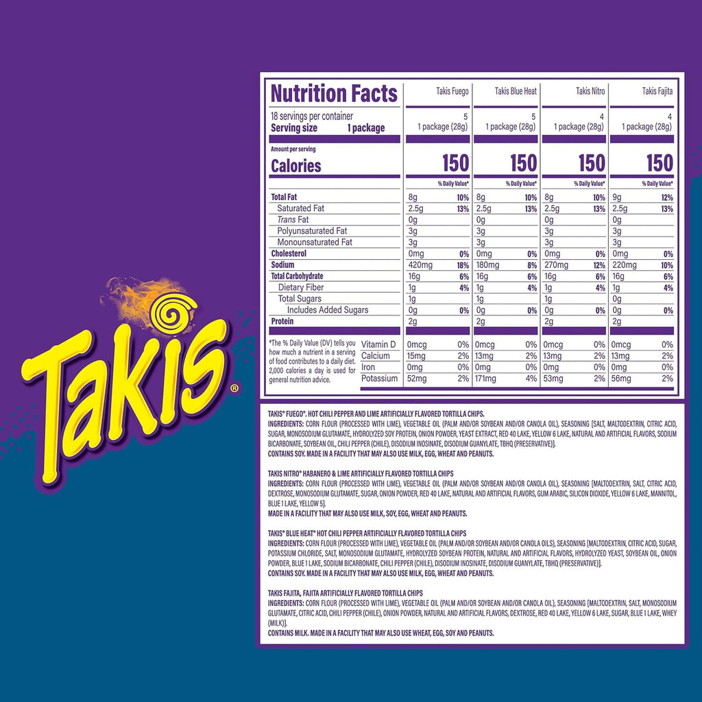 Takis 18 pc / 1 oz Variety Pack, Assorted Flavored Mixed Rolled Tortilla Chips – (5) Fuego, (5) Blue Heat, (4) Nitro, (4) Crunchy Fajitas