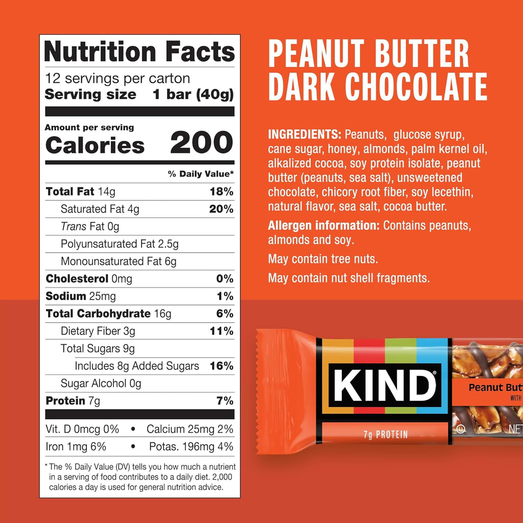 KIND Nut Bars, Peanut Butter Dark Chocolate, Healthy Snacks, Gluten Free, 8g Protein, 12 Count