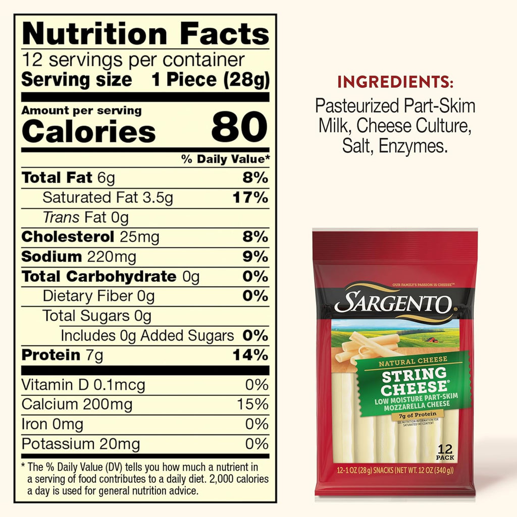 Sargento Natural Mozzarella String Cheese Sticks, 12-Count