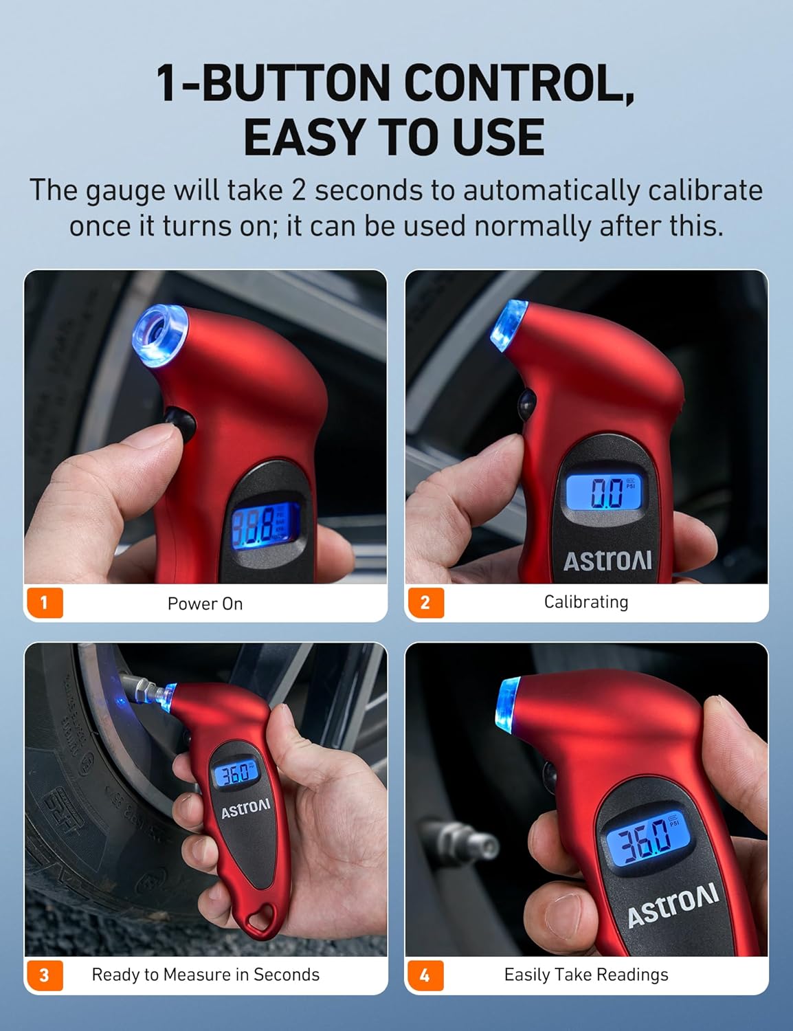 AstroAI Digital Tire Pressure Gauge 0-150PSI, Accurate in 0.1 Increments, Stocking Stuffers with Backlit LCD and Presta Valve Adaptor, 4 Units of Measurement for Car Truck Bicycle, Red