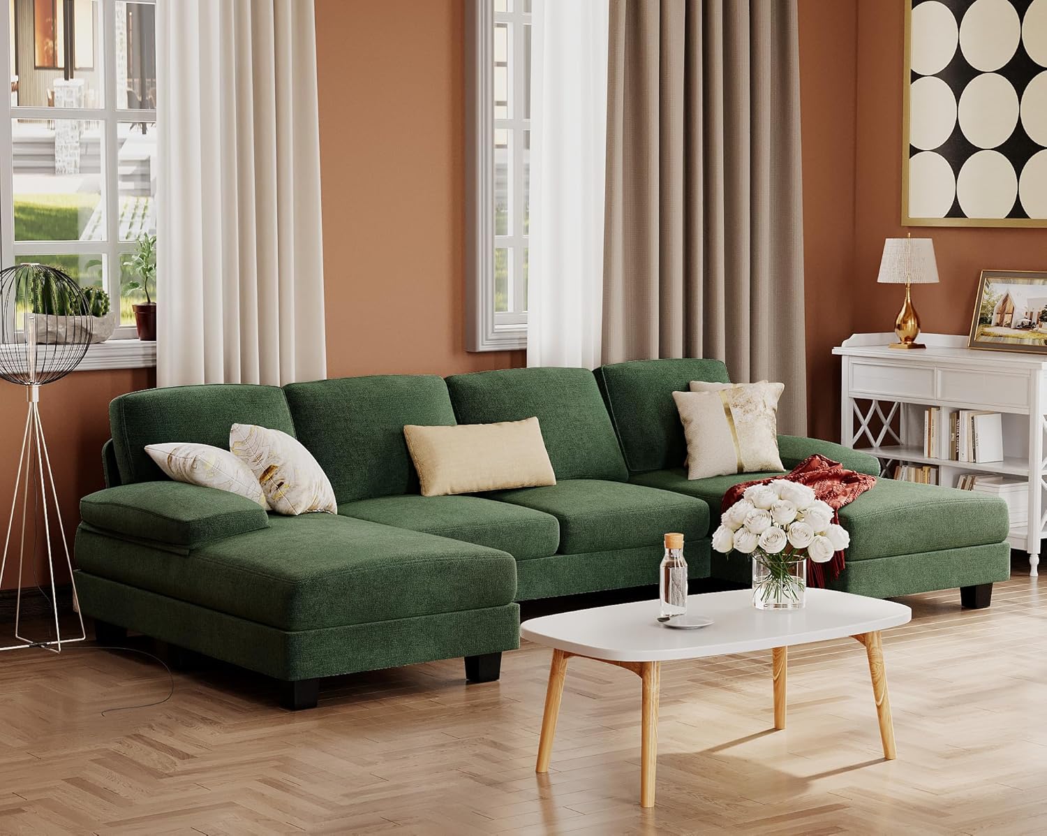 Furmax Sectional Couches for Living Room, U-Shaped Sofa Couch with Linen Fabric, 4 Seat Sofa Set with Double Chaise for Apartment (Fabric, Green)