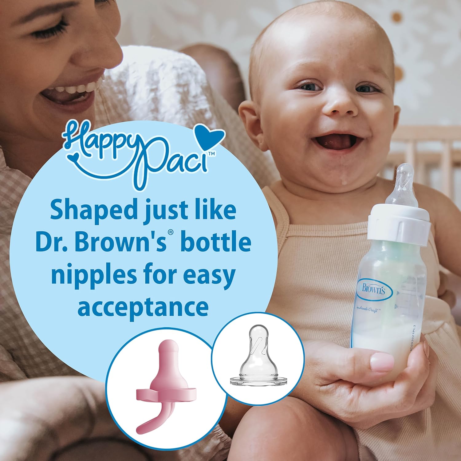 Dr. Brown's HappyPaci 100% Silicone Baby Pacifier, Contoured One-Piece Design, Light Pink/Pink/White, 0-6m, BPA-Free, 3-Pack