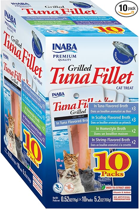 INABA Premium Grilled Tuna Fillet Cat Treats with Vitamin E and Green Tea Extract, 0.52 Ounces Each, Pack of 10, Variety Box