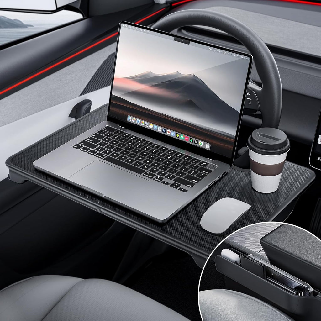 YONZEE 2-in-1 Car Steering Wheel Desk Tray & Car Seat Gap Filler Organizer – Foldable Carbon Fiber Look Table for Laptop, Eating Food, Writing – Multipurpose Travel Car Accessories