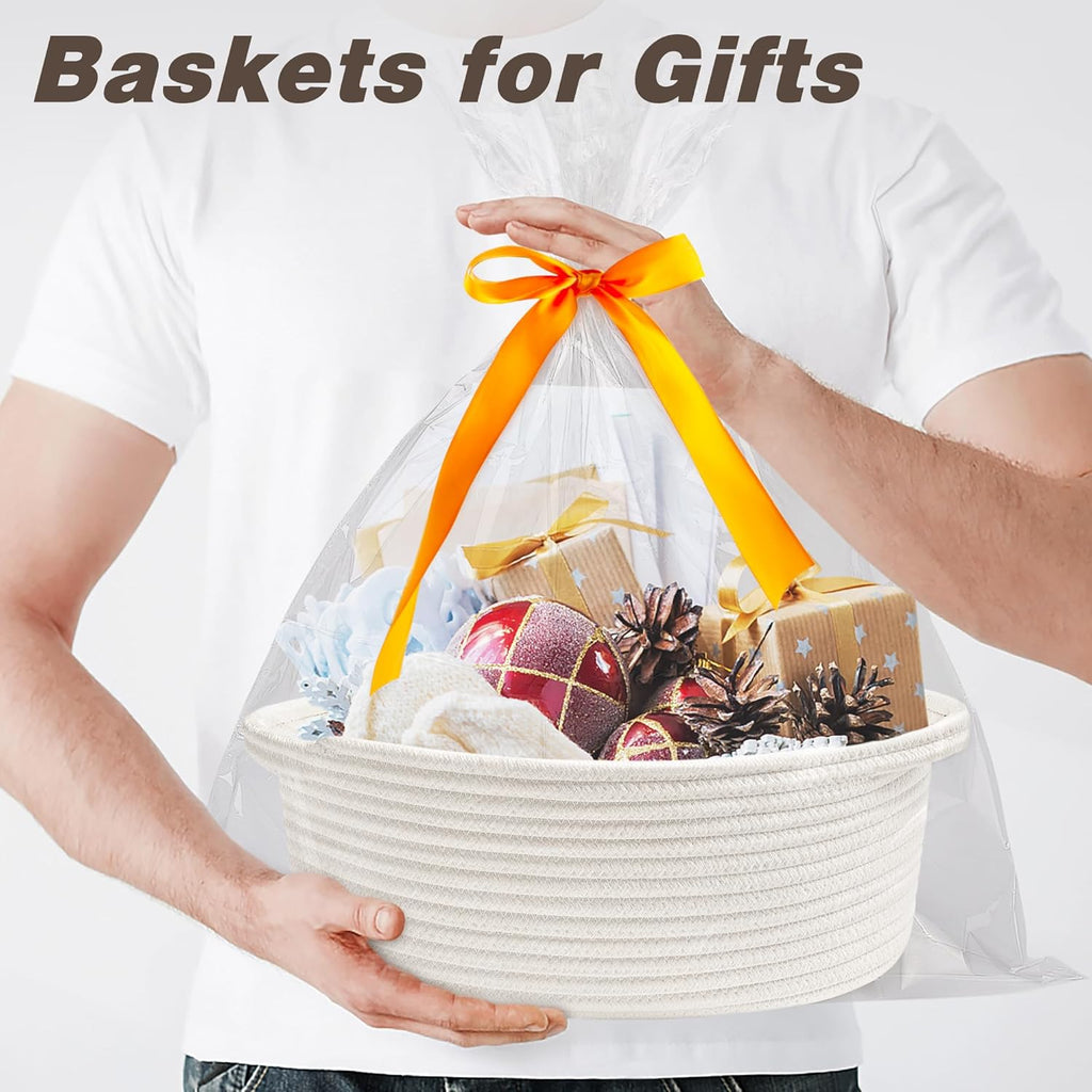 Pro Goleem Small Woven Burr Basket with Gift Bags and Ribbons Durable Baskets for Gifts Empty Small Rope Basket for Storage 12"X 8" X 5" Baby Toy Baskets with Handles, White