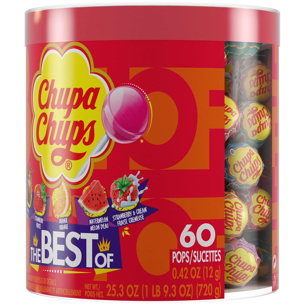 Chupa Chups ‘Best Of’ Lollipop Assortment, 5 Flavors, Individually Wrapped Candy for Kids, 25.3 Oz Drum (60 Suckers)