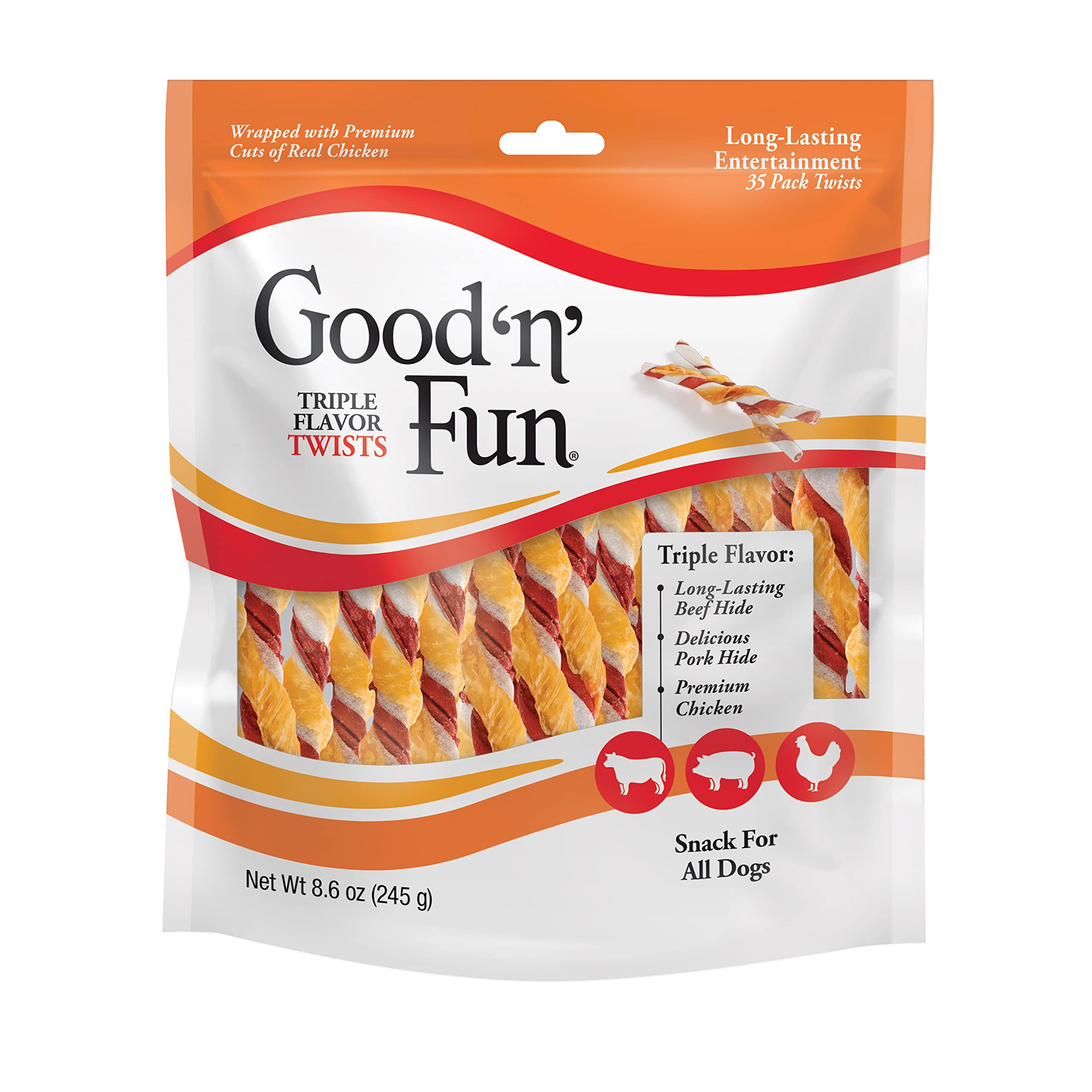 Good 'n' Fun Twists Long-Lasting Dog Treat, With Real Proteins, Beef Hide and Premium Chicken, Supports Dental Health, Mental Stimulation, 35 count