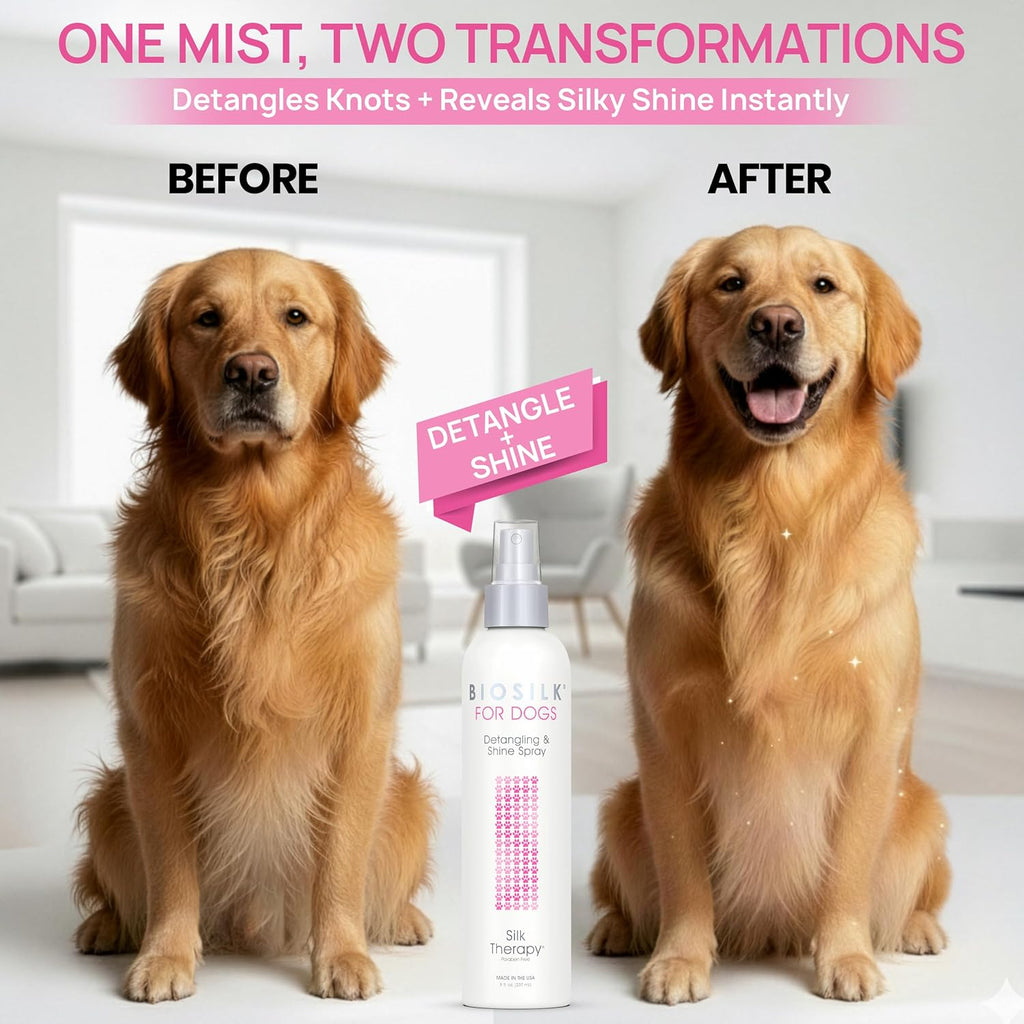 BioSilk for Dogs Silk Therapy Detangling Plus Shine Mist for Dogs | Best Detangling Spray for All Dogs & Puppies for Shiny Coats and Dematting | 8 Oz Bottle (Packaging May Vary),WHITE (Pack of 1)