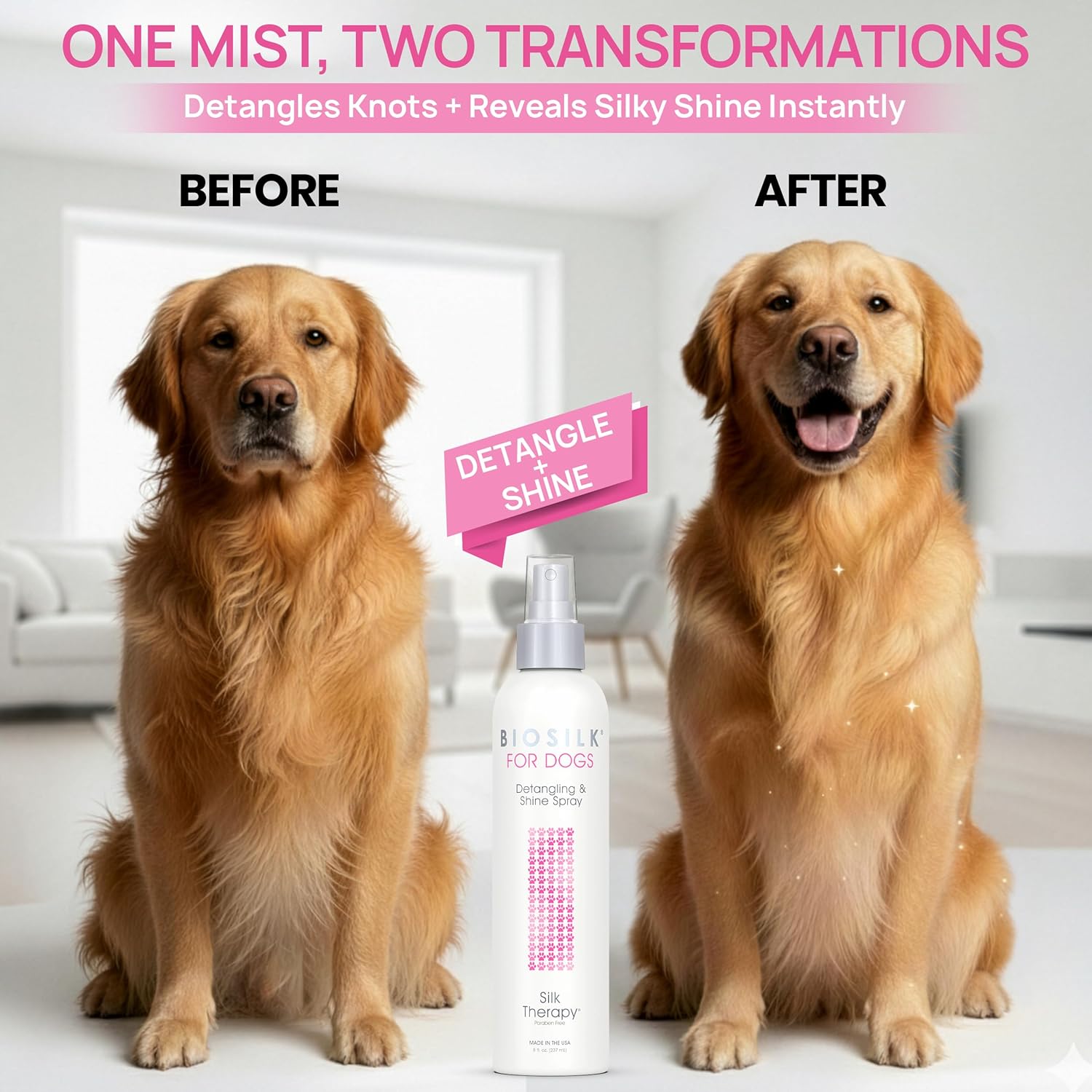 BioSilk for Dogs Silk Therapy Detangling Plus Shine Mist for Dogs | Best Detangling Spray for All Dogs & Puppies for Shiny Coats and Dematting | 8 Oz Bottle (Packaging May Vary),WHITE (Pack of 1)