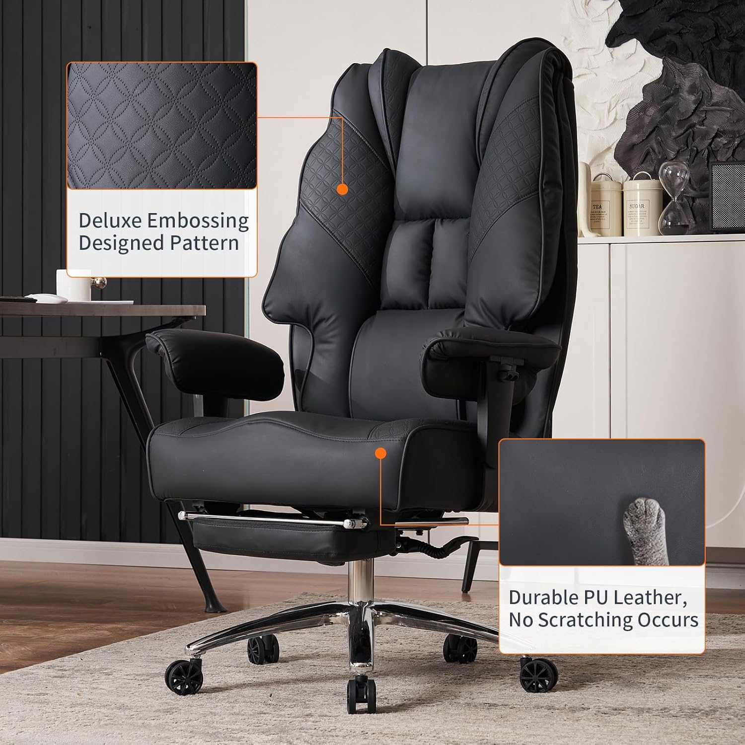 Big and Tall Office Chair 400lbs Wide Seat, Leather High Back Executive Office Chair with Foot Rest, Ergonomic Chairs Lumbar Support for Lower Back Pain Relief (Black)