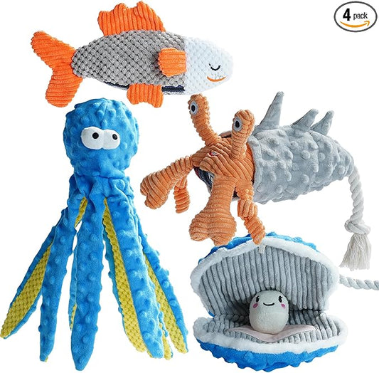 Nocciola 4 Packs Crinkle Squeaky Dog Toys for Aggressive Chewers, Tough Durable Stuffed Plush Rope Tug Puppy Chew Toy for Small Medium Large Breeds