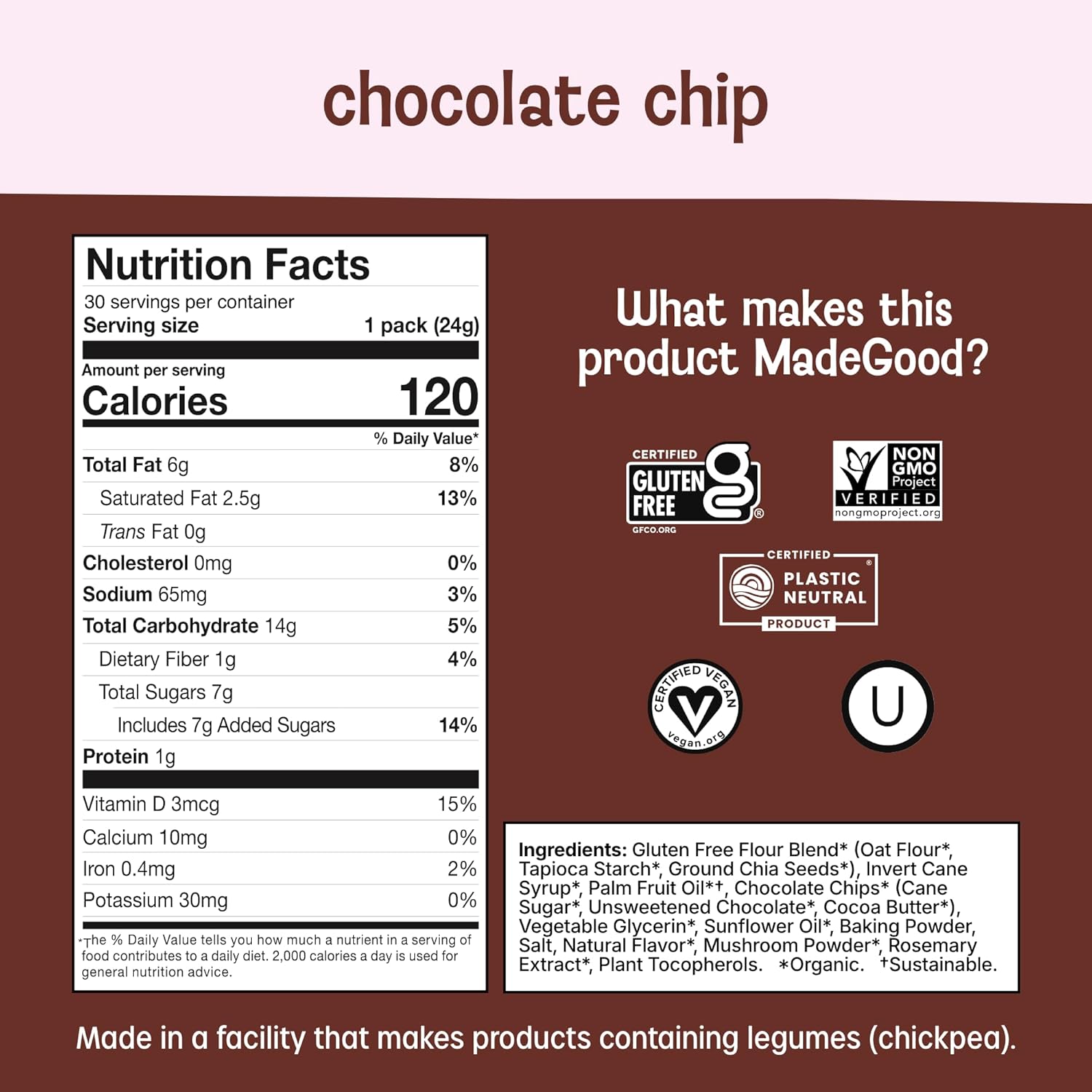 MadeGood Soft Baked Chocolate Chip Mini Cookies, Gluten Free & Safe For School Snacks, 30 Count