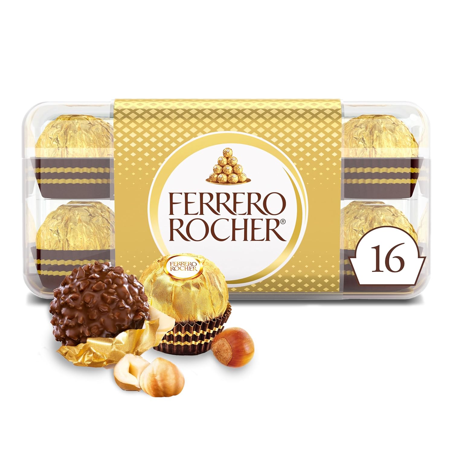 Ferrero Rocher Gourmet Hazelnut Milk Chocolate Gift Box, 16 Individually Wrapped Chocolates for Gifting, 7 oz
