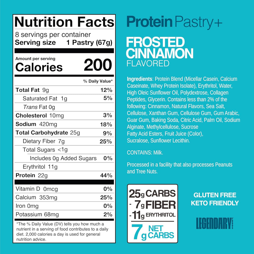 Legendary Foods 22g Protein Pastry 0g Added Sugar, Low Carb, Gluten Conscious, Keto Snack, Ideal for Glucose Management, Includes Whey Protein Isolate, 8 Pack Frosted Cinnamon