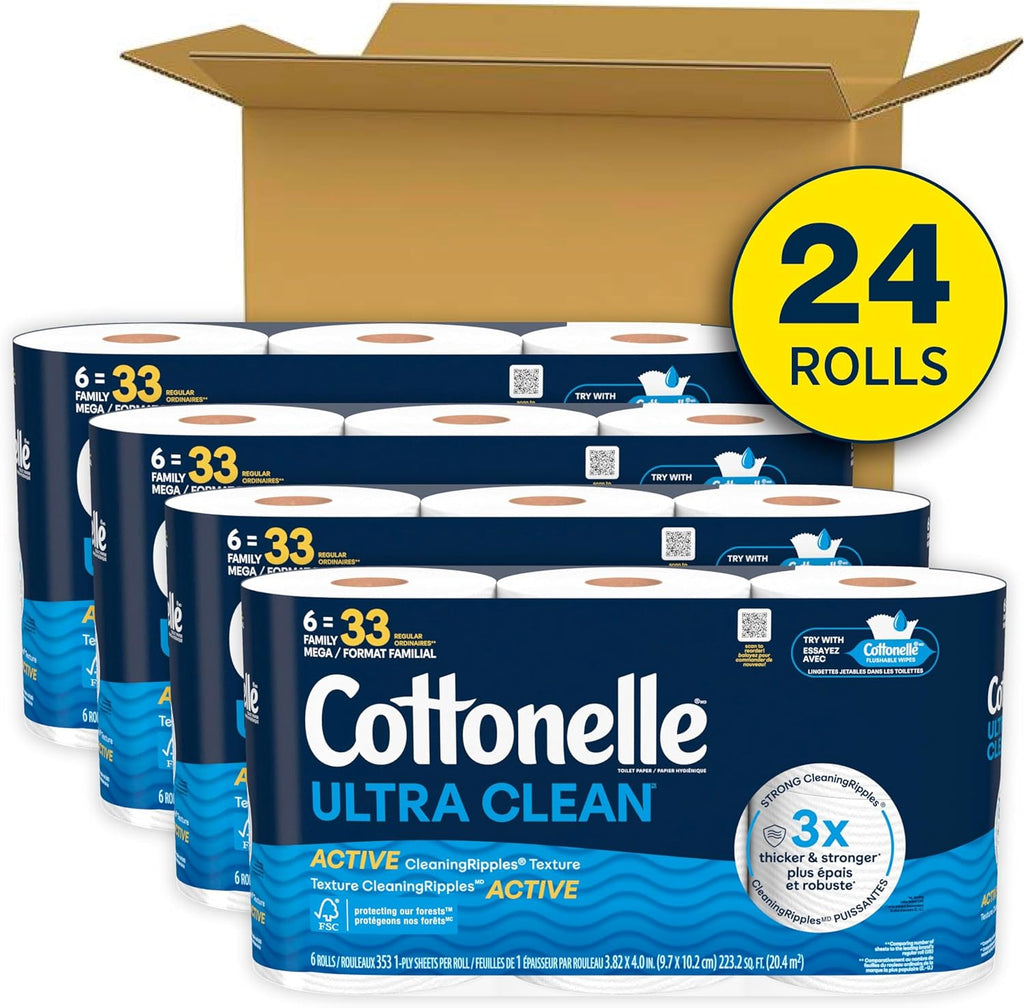 Cottonelle Ultra Comfort Toilet Paper with Cushiony CleaningRipples Texture, Strong Bath Tissue, 24 Family Mega Rolls = 108 Regular Rolls (4 Packs of 6)