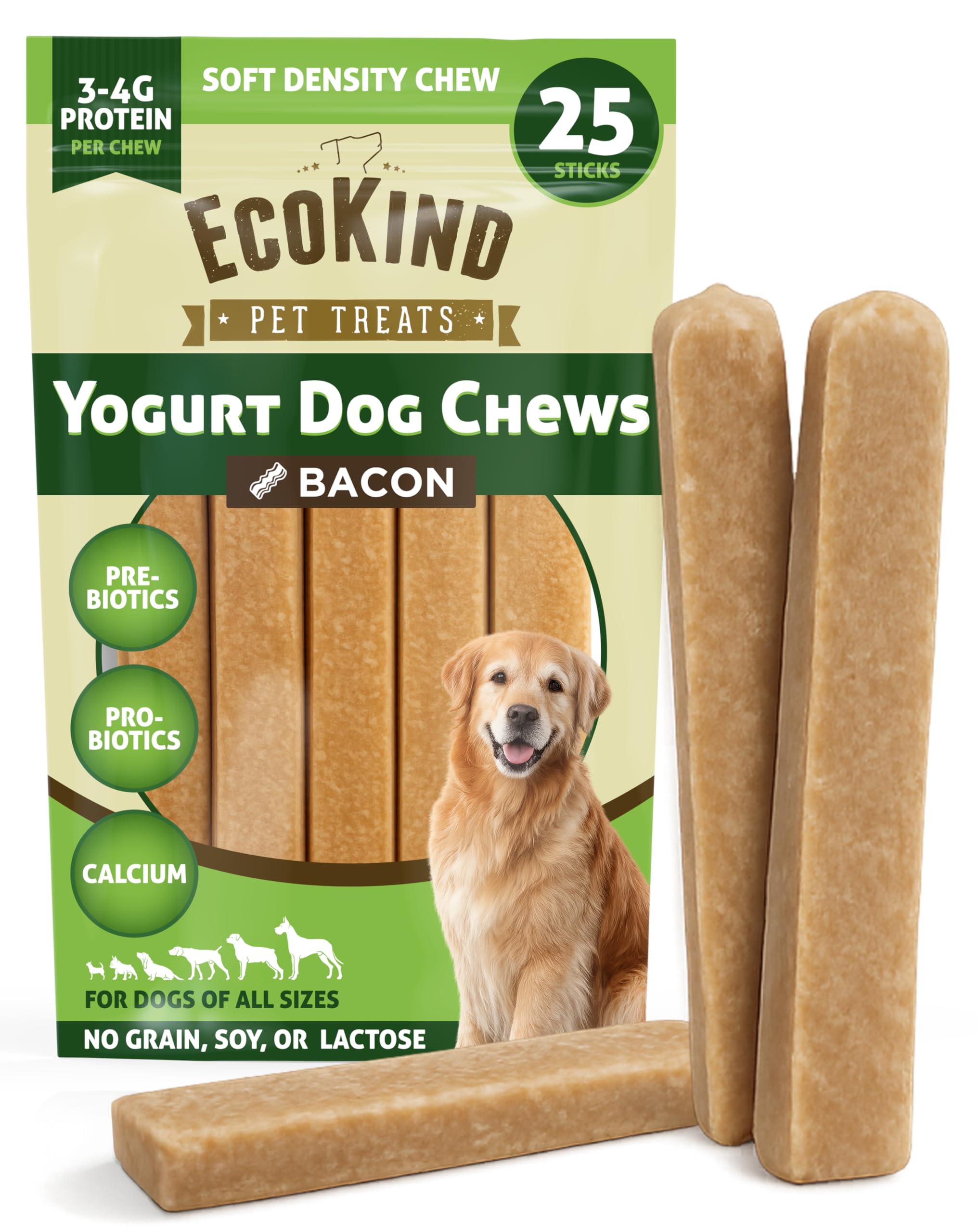 EcoKind Yogurt Dog Chews – Bacon | Dog Treats with Probiotics for Digestive Health, Gut Support & Wellness | Lactose Free, Grain Free, Natural Dog Treat | for All Breeds | USA Made | 25 Chews