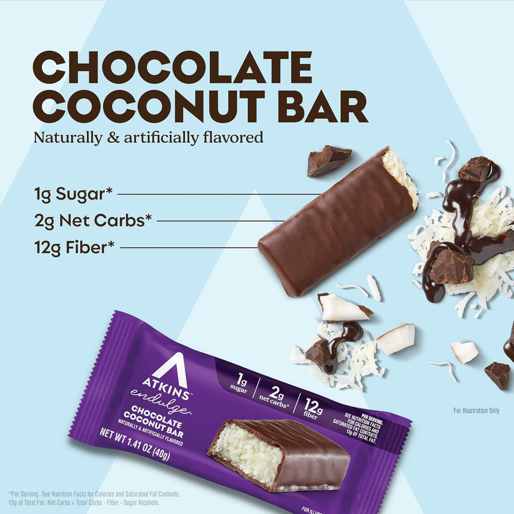 Atkins Endulge Chocolate Coconut Flavored Snack Bar, 1g Sugar, 12g Fiber, Low Sugar Snack, High Fiber Bars, Keto Friendly Treat, 16 Count