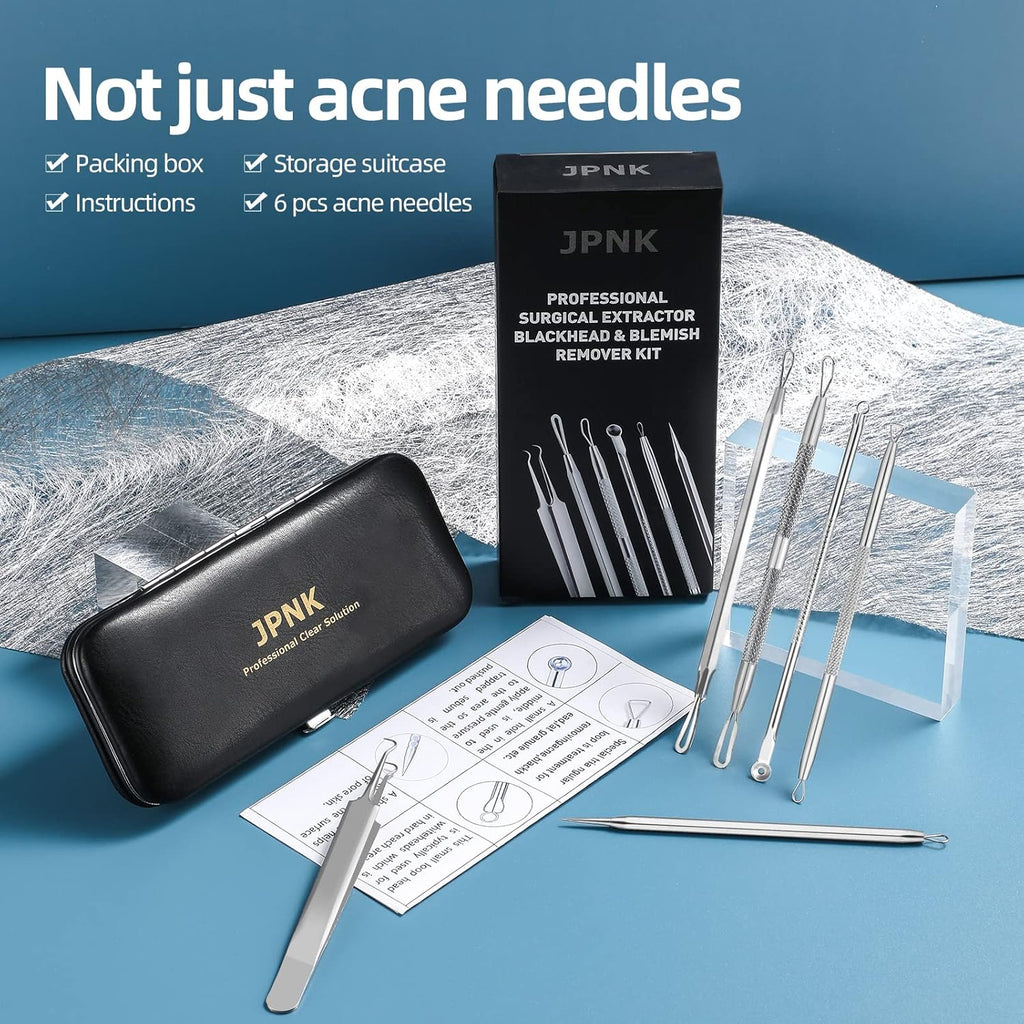 JPNK Blackhead Remover Tool Comedones Extractor Acne Removal Kit for Blemish, Whitehead Popping, 6 Pcs Zit Removing for Nose Face Tools with a Leather Bag