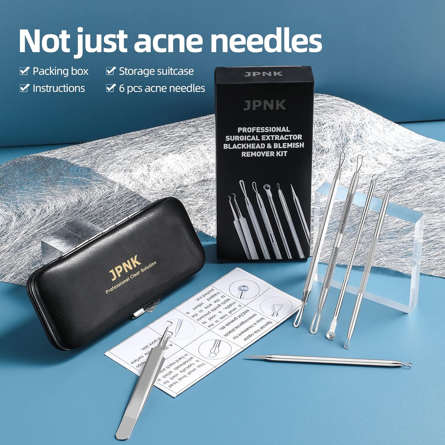 JPNK Blackhead Remover Tool Comedones Extractor Acne Removal Kit for Blemish, Whitehead Popping, 6 Pcs Zit Removing for Nose Face Tools with a Leather Bag
