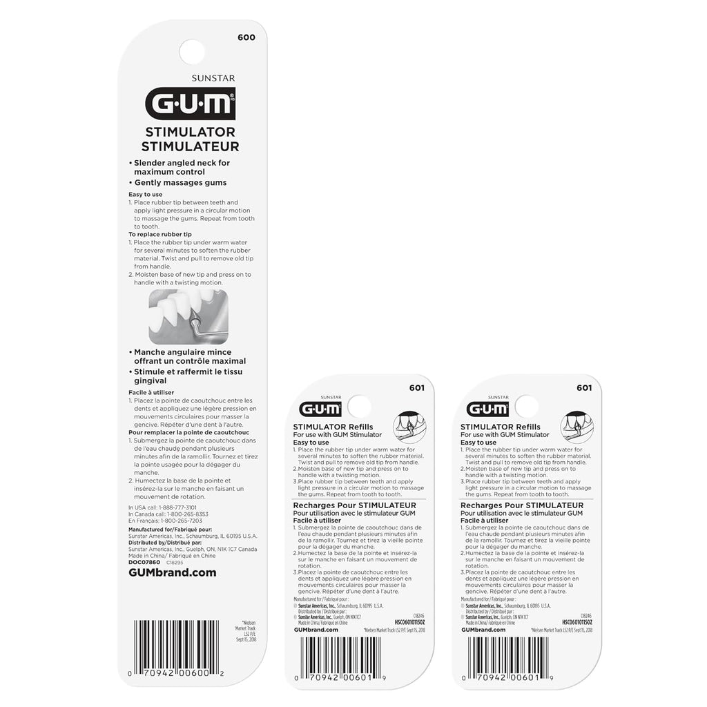 GUM Stimulator Permanent Handle - Long Handled Massager Remove Plaque & Promote Health (Handle + 2 Refill Packs)