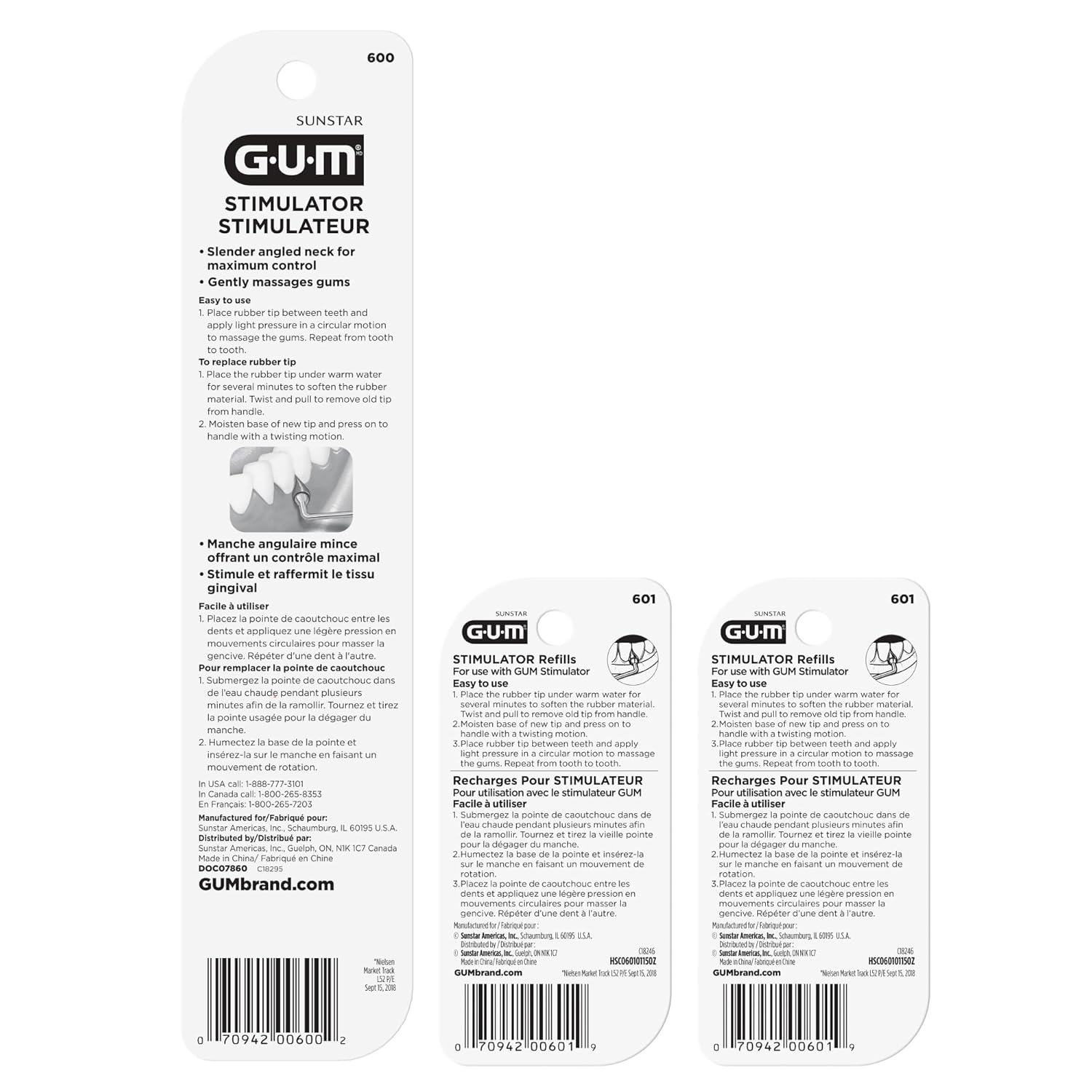 GUM Stimulator Permanent Handle - Long Handled Massager Remove Plaque & Promote Health (Handle + 2 Refill Packs)