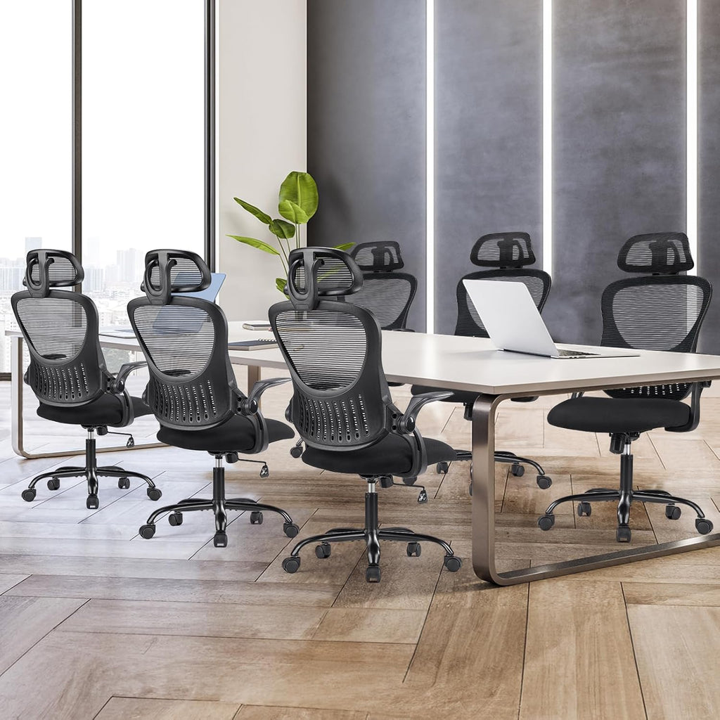 Sweetcrispy Office Computer Desk Chair, Ergonomic High-Back Mesh Rolling Work Chairs with Wheels and Adjustable Headrests, Comfortable Lumbar Support, Comfy Flip-up Arms for Home,Bedroom,Study, Black