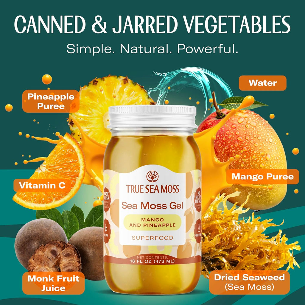 TrueSeaMoss Sea Moss Gel – Made in USA – Wildcrafted Seamoss, Fruits & Jarred Vegetables – Mango/Pineapple, Pack of 1 (Labels may Vary)