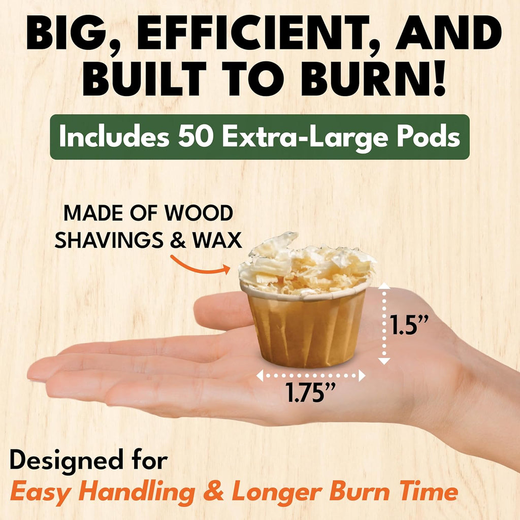 Superior Trading Fire Starter Pods in Plastic Bucket - Fire Starters for Campfires, BBQ, Grill, Pit, Wood Stove & Charcoal Starter, 15-20-Min Burn, 50 Extra Large Pods, USA Made, Brown, 3 Lbs